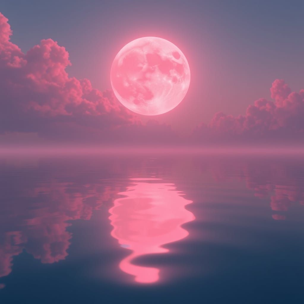 Dreamy Pink Moonlit Water Reflections in Anime Style