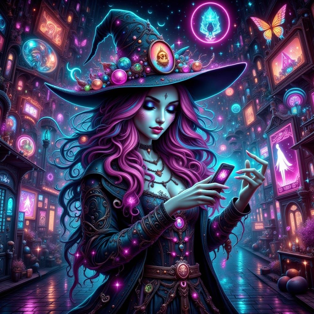 Modern Witch Casting Spell in Neon City Alley
