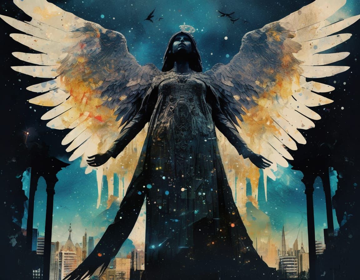 Winged Angel of Death Silhouette Dances Amongst Celestial Bo...
