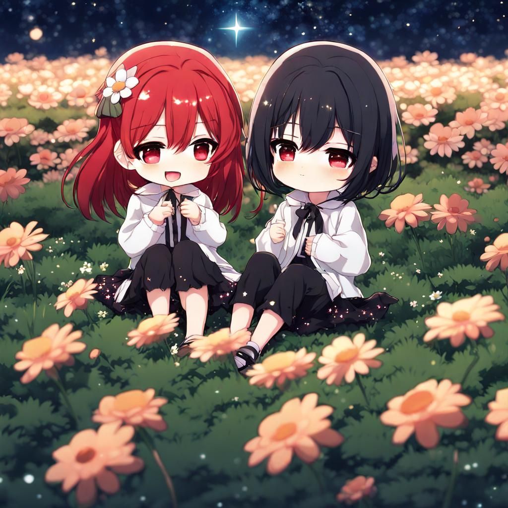 Chibi Girls in Flower Field at Night: Anime Art