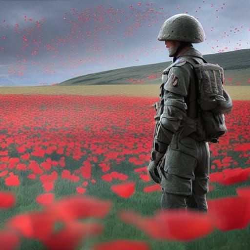 Sad Soldier in Poppy Field: Photorealistic CGI