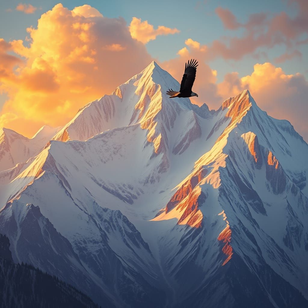 Majestic Mountain Range with Eagle in Golden Light