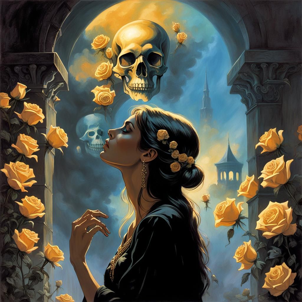 Golden Skull and Roses: A Dark Fantasy Vision