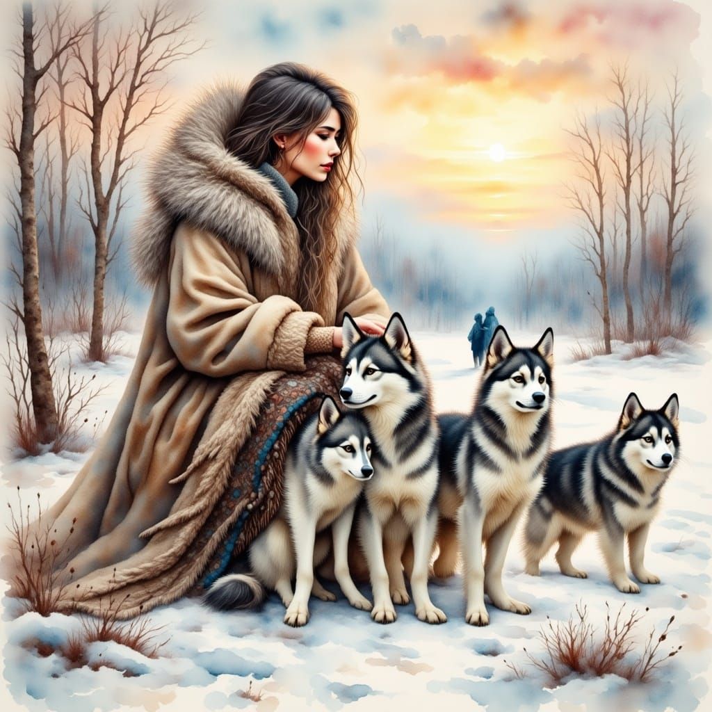 Eskimo Woman with Malamutes in Antique Watercolor Style