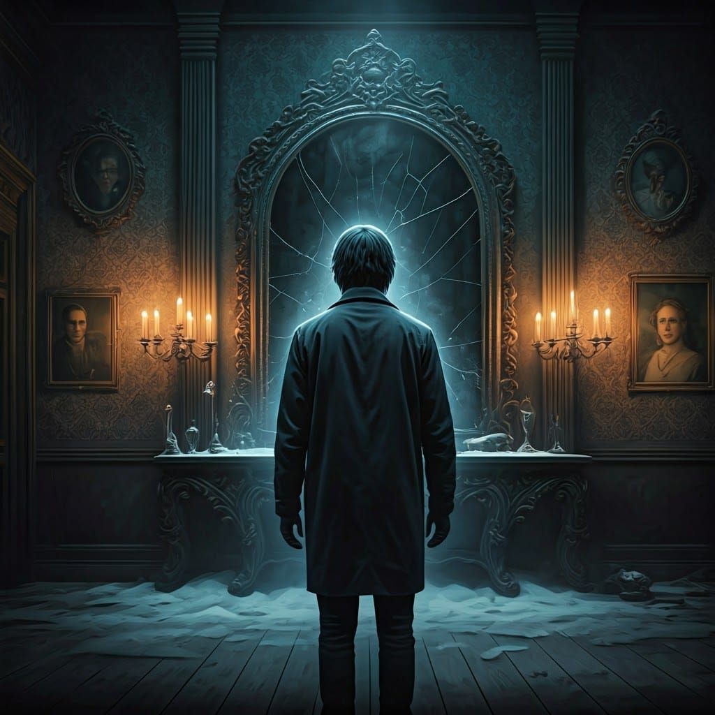 Ethereal Figure Trapped in Shadows of a Haunting Mansion