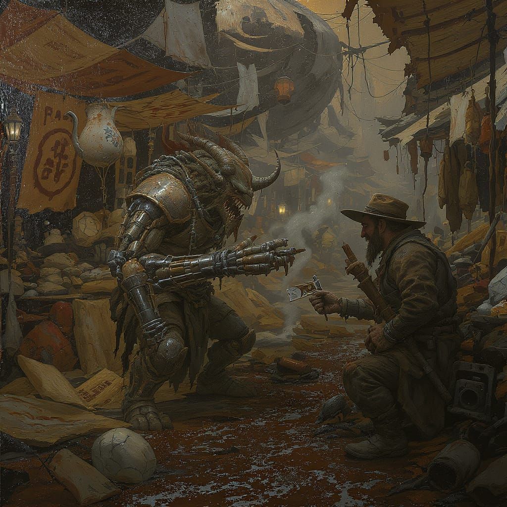 Goblin Warlord Haggles Over Soul Battery in Scrap Market