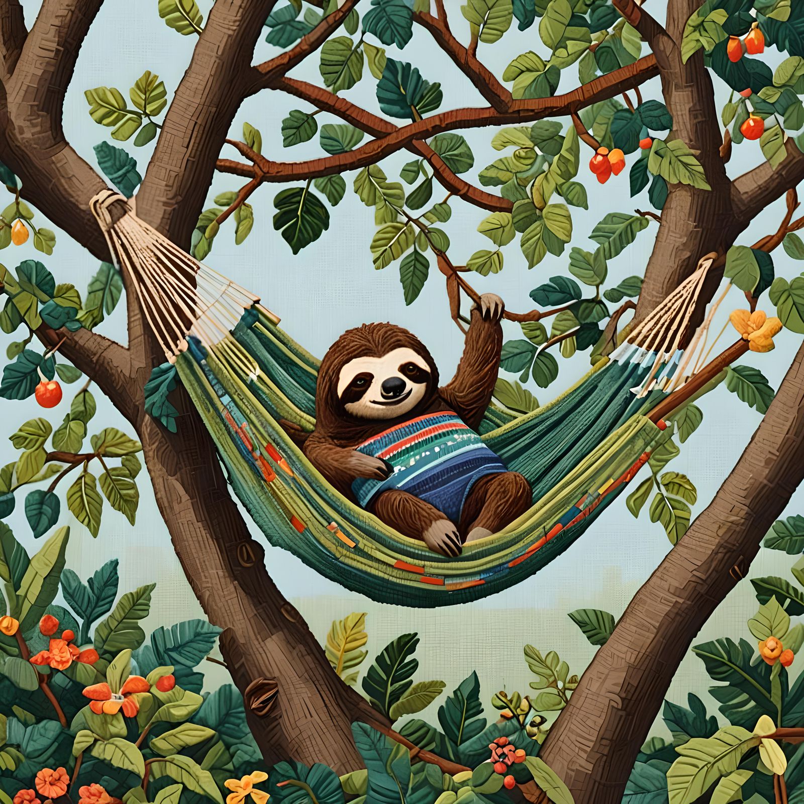 Sloth Sleeping in Hammock: Whimsical Needlepoint Illustratio...