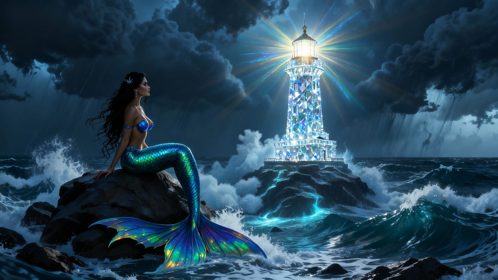 Mermaid Watches Crystal Lighthouse in Fierce Tempest
