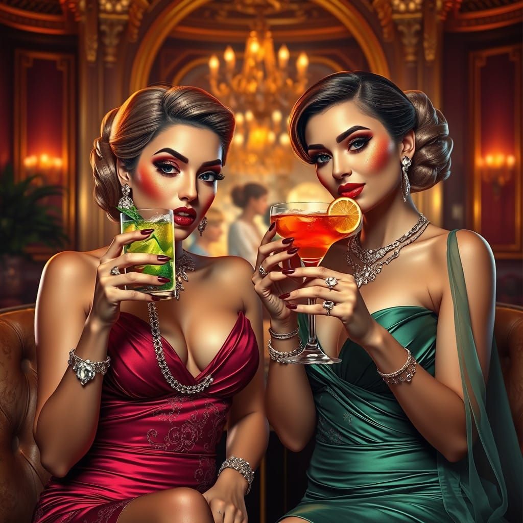 Elegant Divas Sip Luxurious Cocktails in a Golden Luxury Lou...