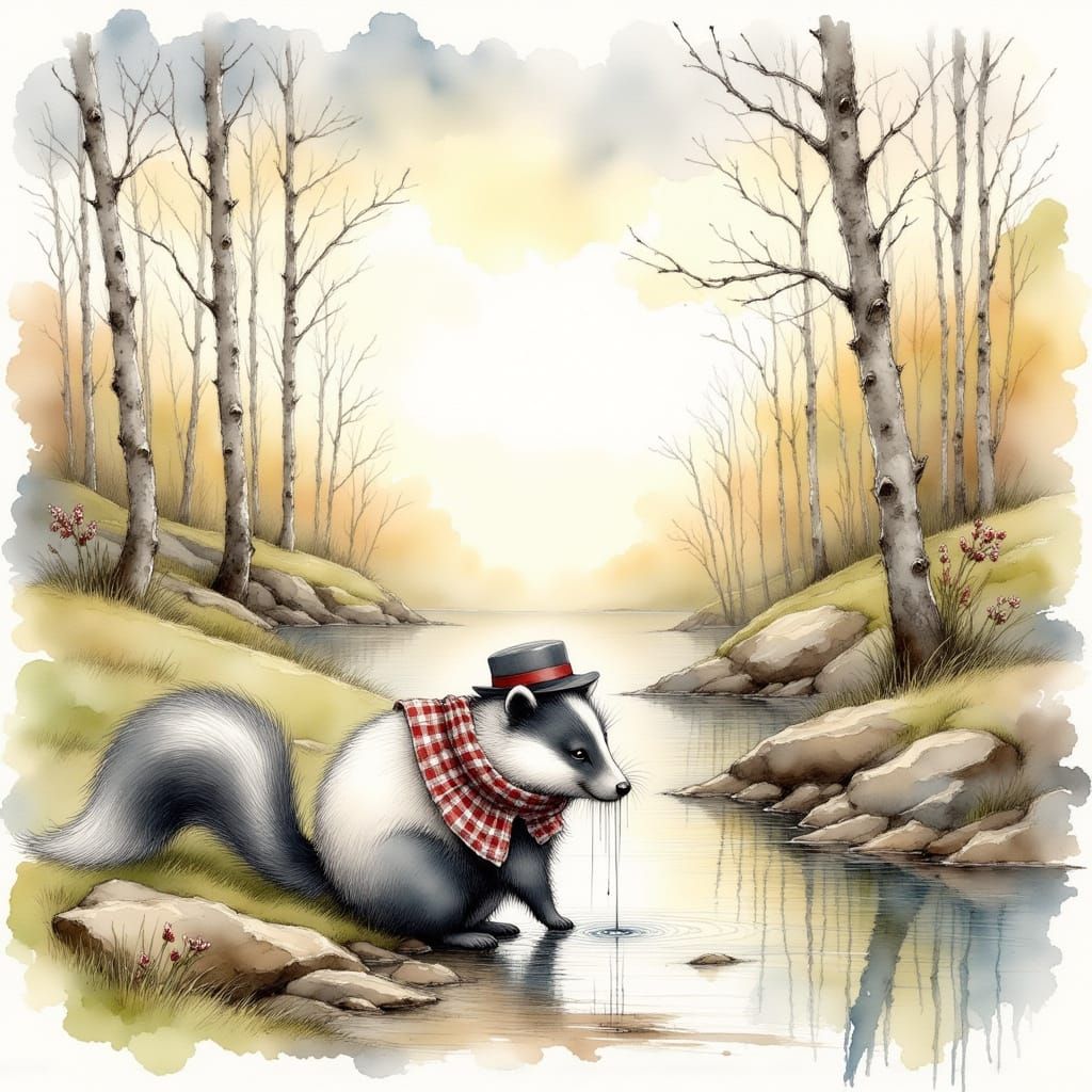 Skunk in Hat Drinks at Pond, Watercolor Style