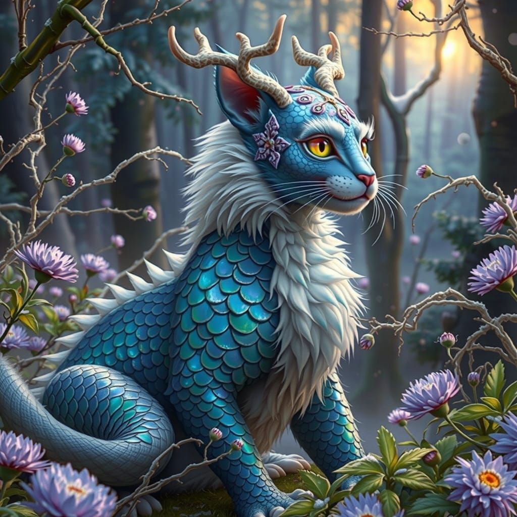 Ethereal Dragon-Cat Amidst Winter Aster Field