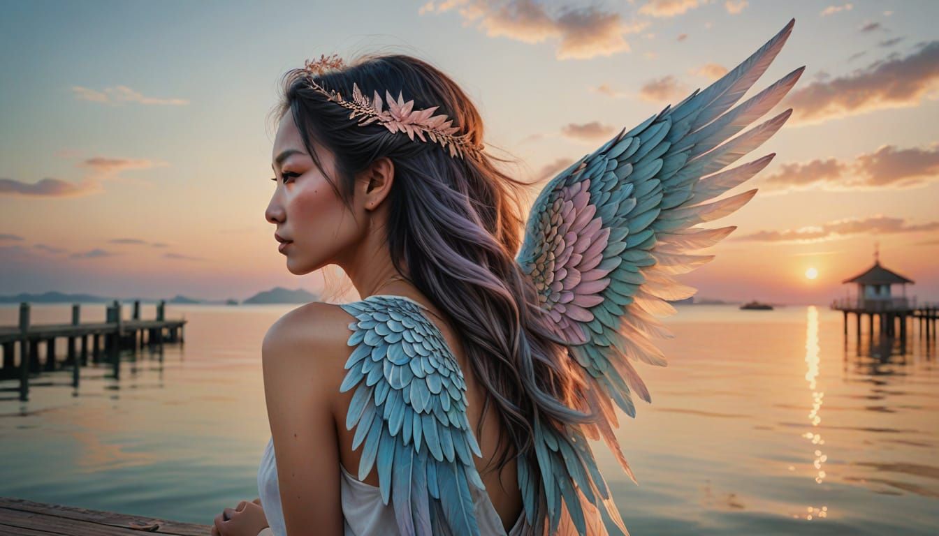 Woman with Angelic Wings on Pier at Sunset
