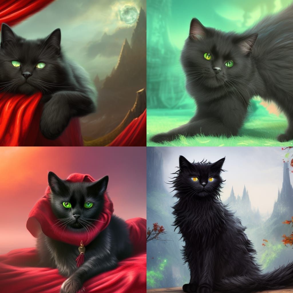 Fluffy Black Cat with Green Eyes, Digital Art