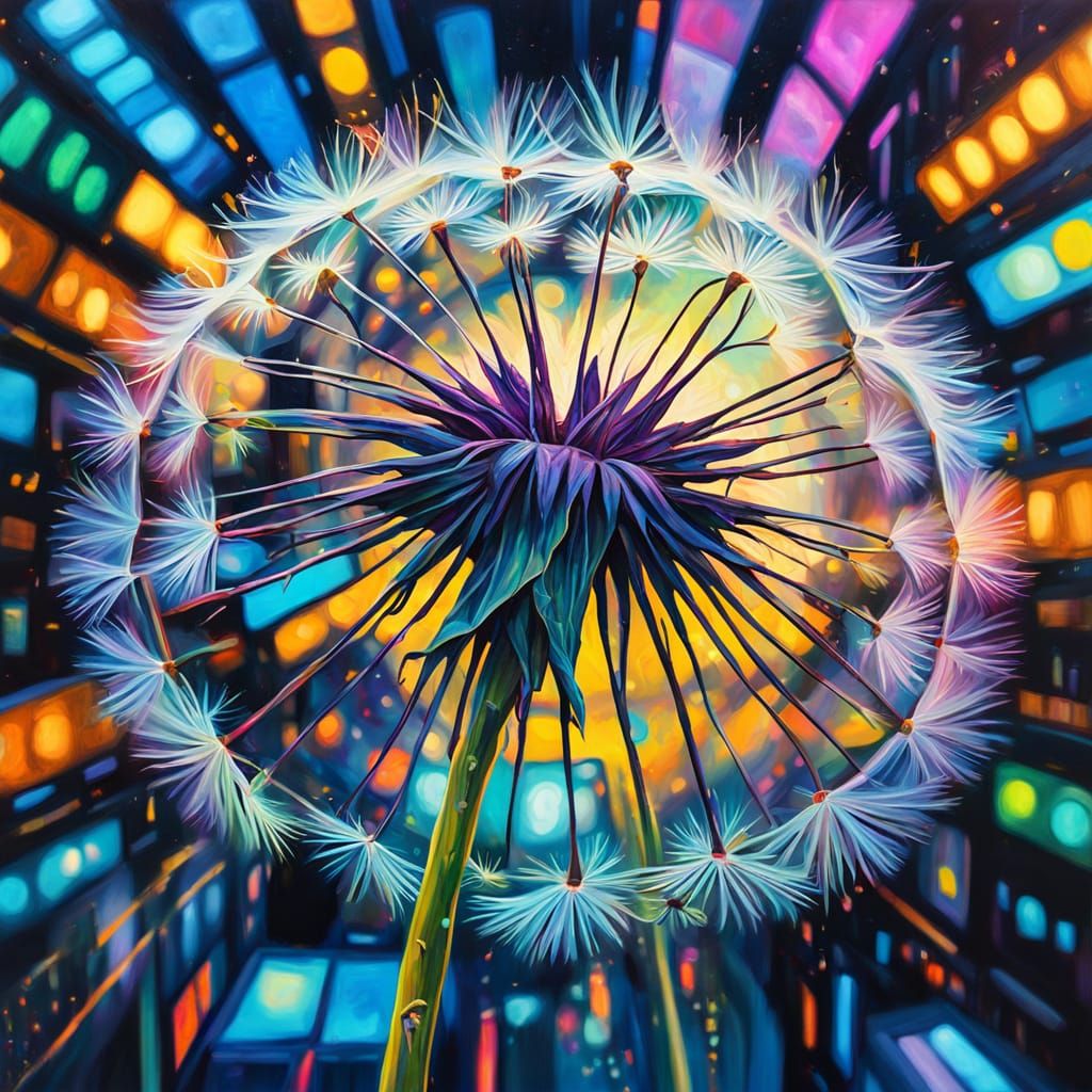 Dandelion in Cyberpunk City: Mirrored Oil Painting