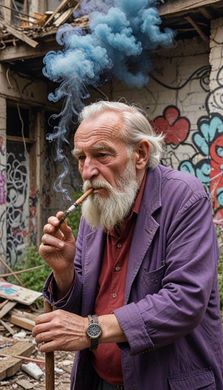 Dystopian Old Man in Ruins with Pipe Smoke