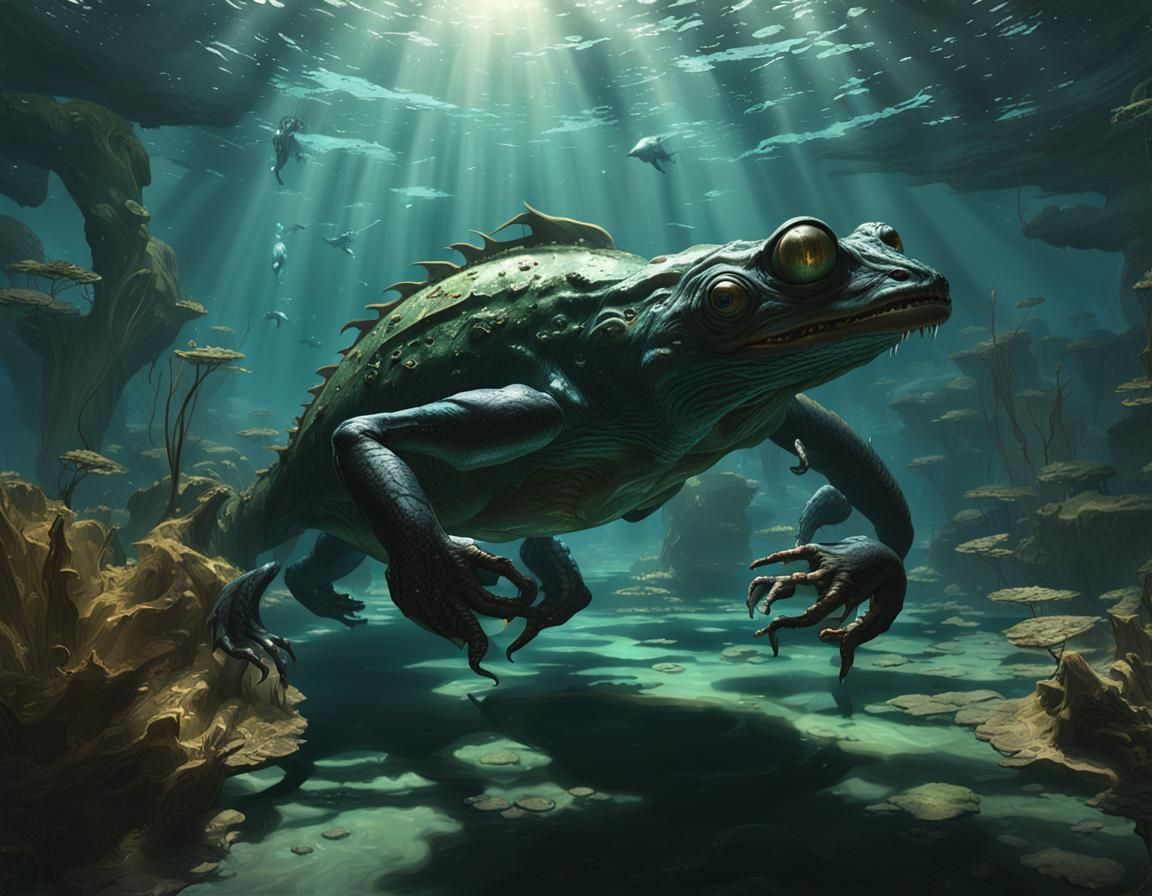 Eldritch Amphibian Humanoid in Hyperrealistic Dark Fantasy