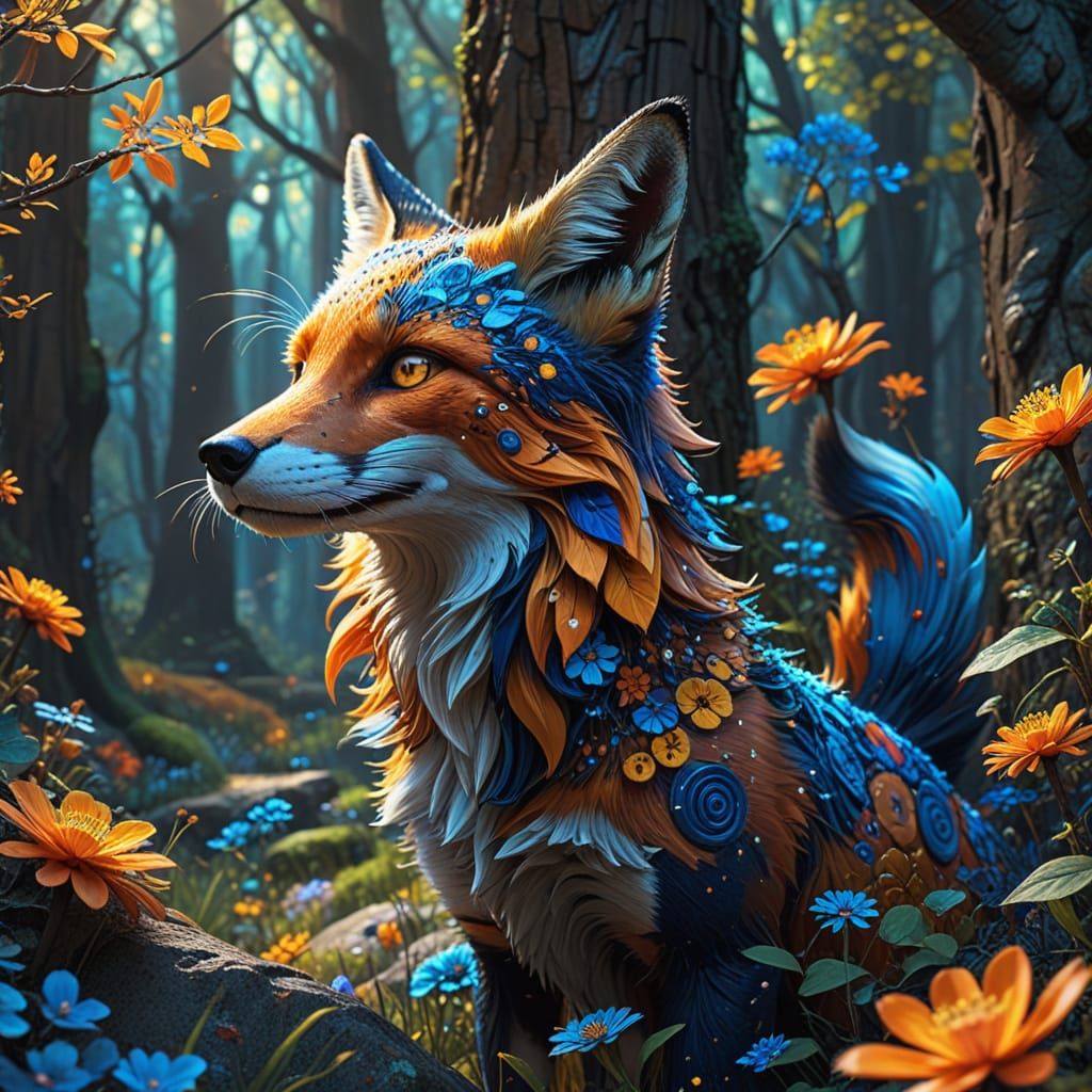 Vibrant Fox in Mystical Woodland Scene, Oil Painting Style