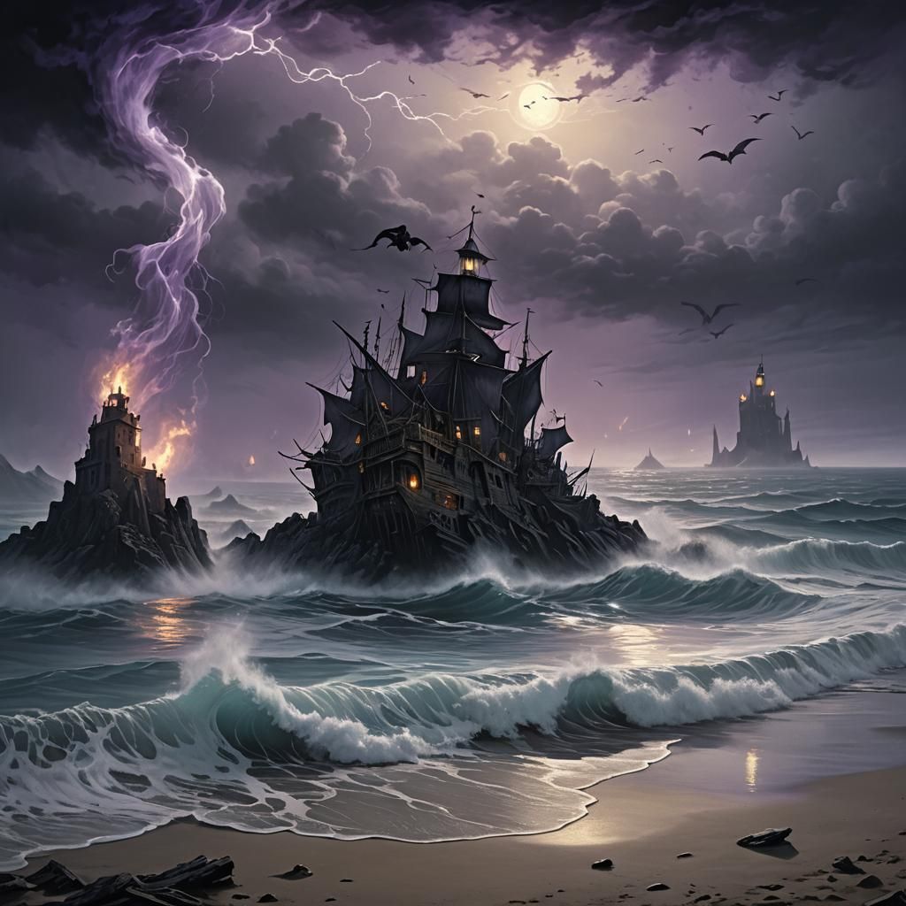 Ethereal Ghosts Rising on Misty Beach in Gothic Style