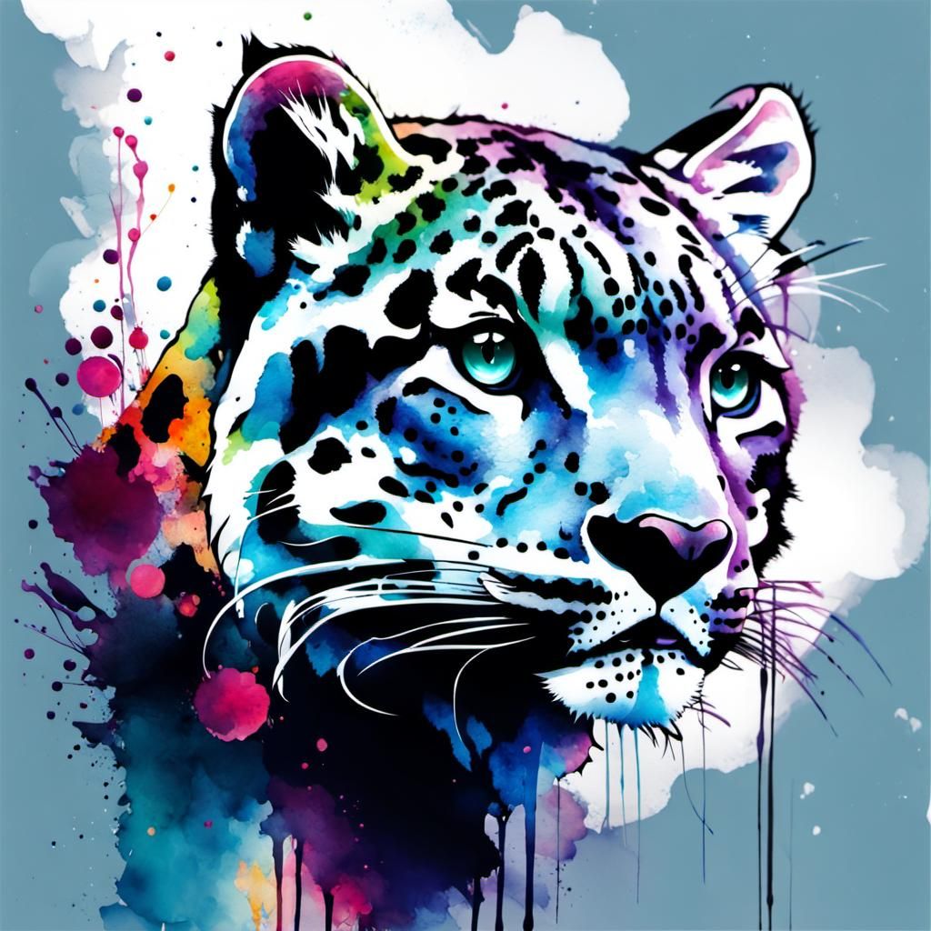Vivid Watercolor Portrait of a Snow Leopard