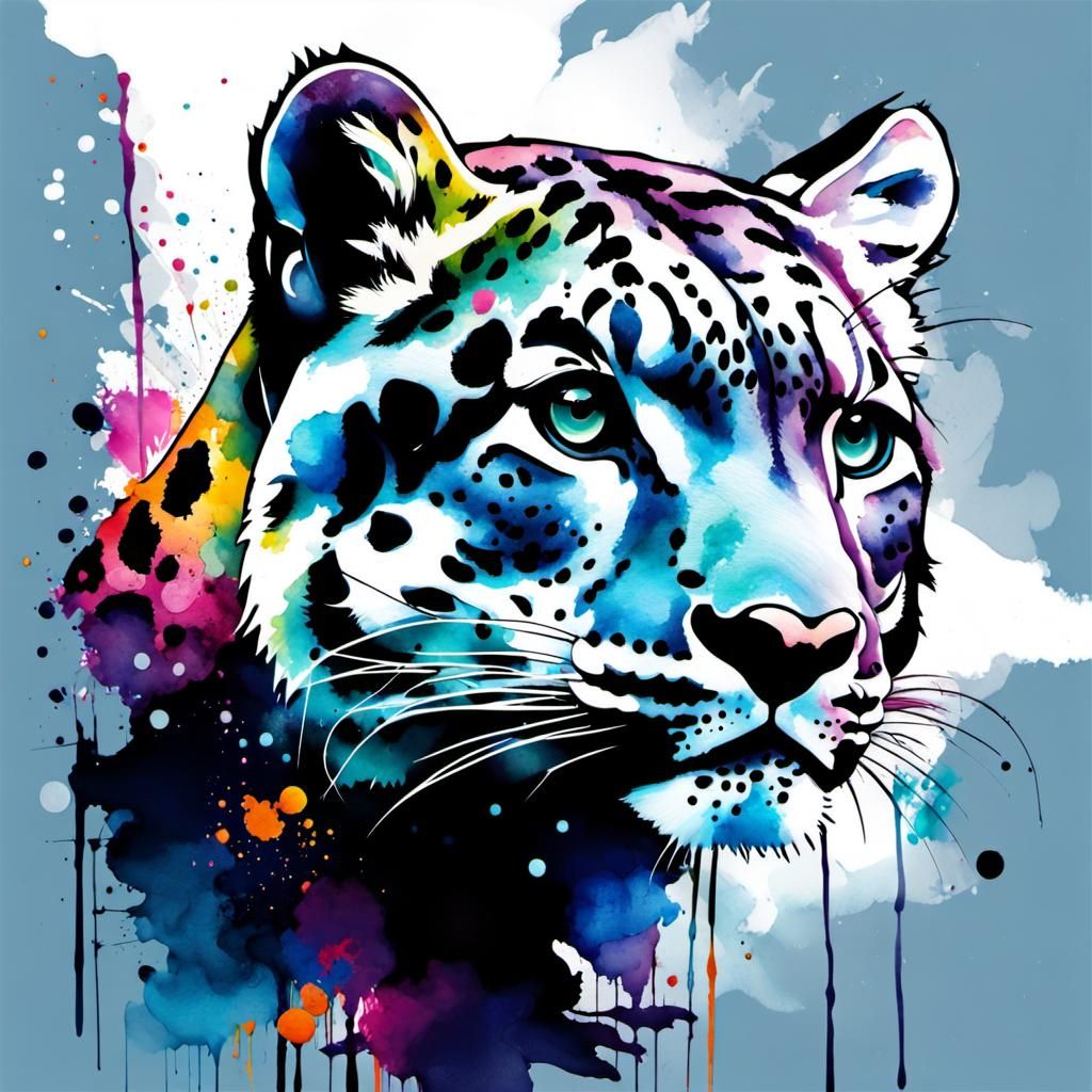 Vivid Snow Leopard Portrait in Watercolor and Ink