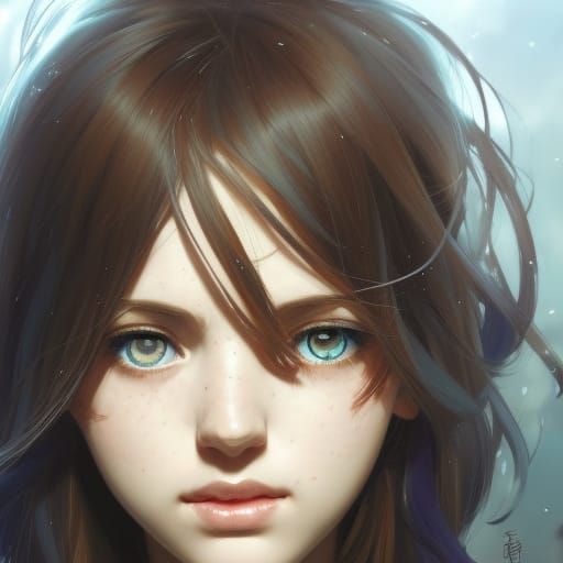 Anime Girl Portrait with Freckles, Hyperdetailed Art