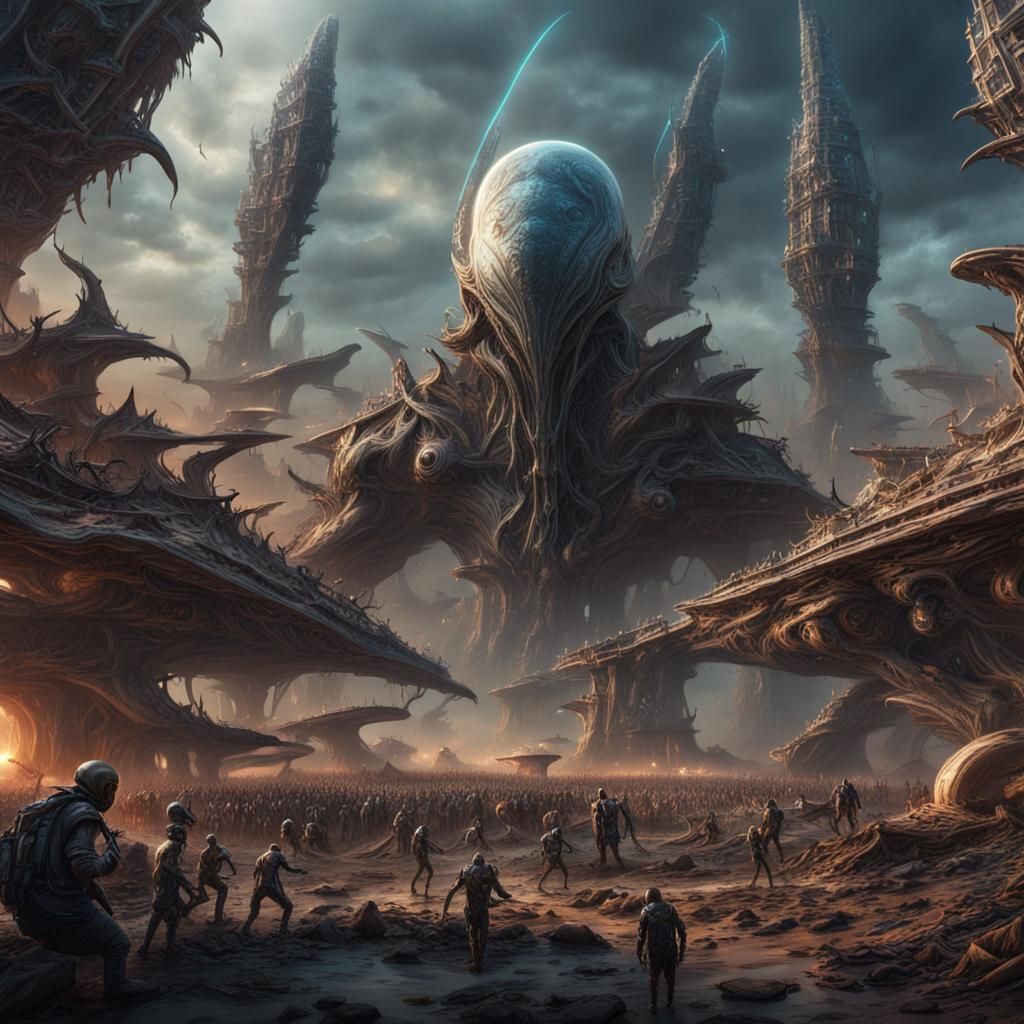 Epic Battle: Humans vs Aliens, Detailed Digital Art