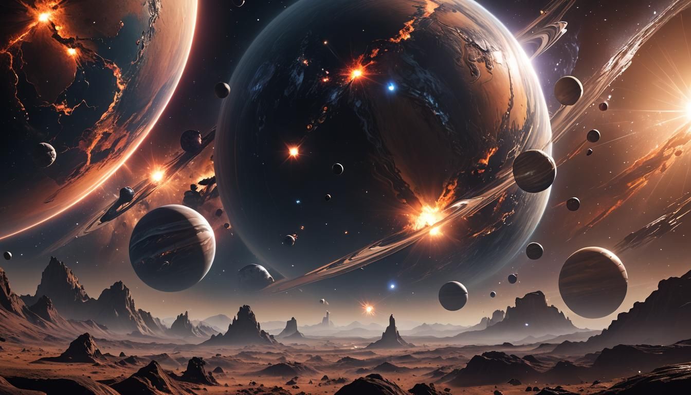 Planets and Stars in Shimmering Void: Unreal Engine Art