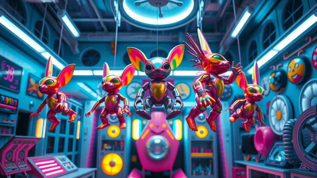 Neon Toys Suspended in Cyberpunk Playroom