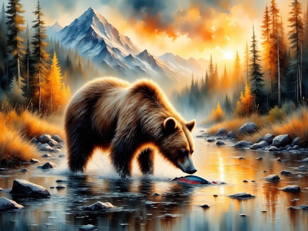 Surreal Landscape of a Grizzly Bear in a Majestic Mountain R...