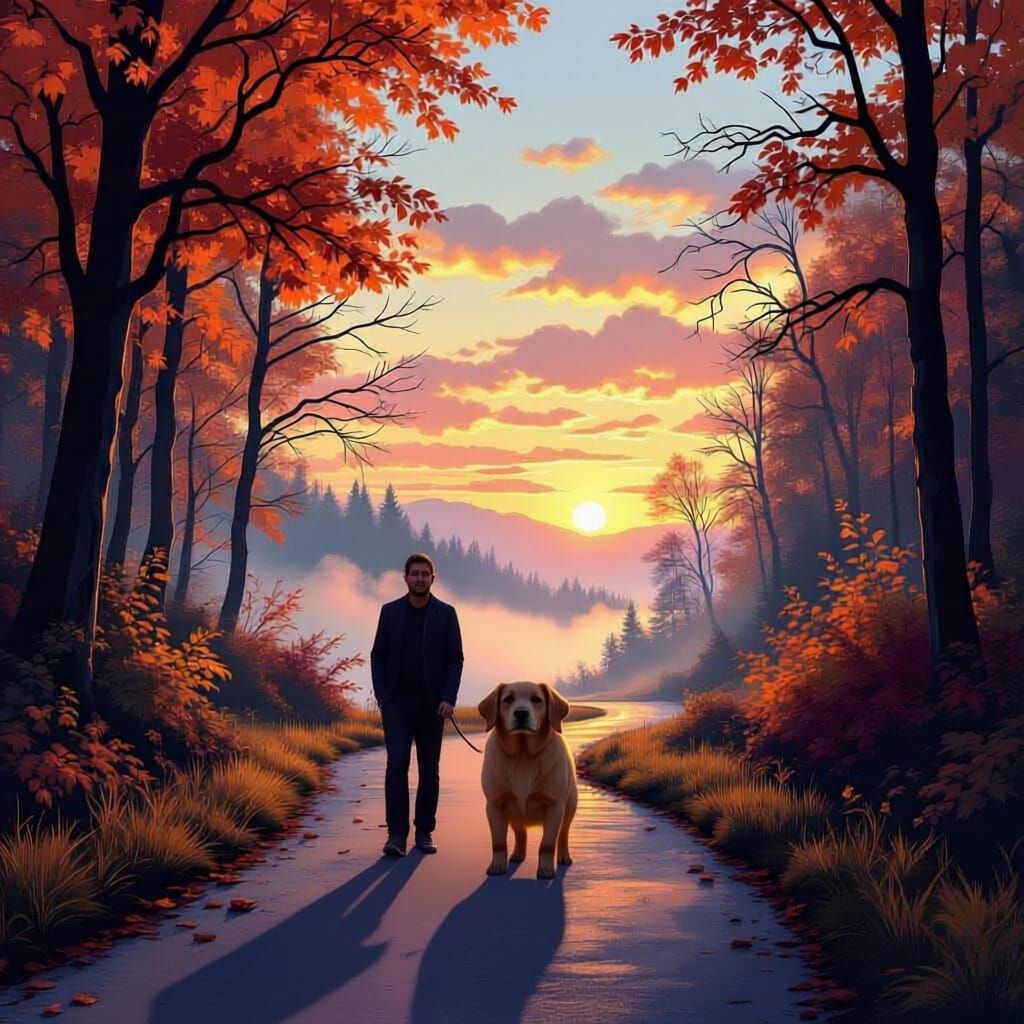 Dog Walks Human in Autumn Pre-Dawn Light