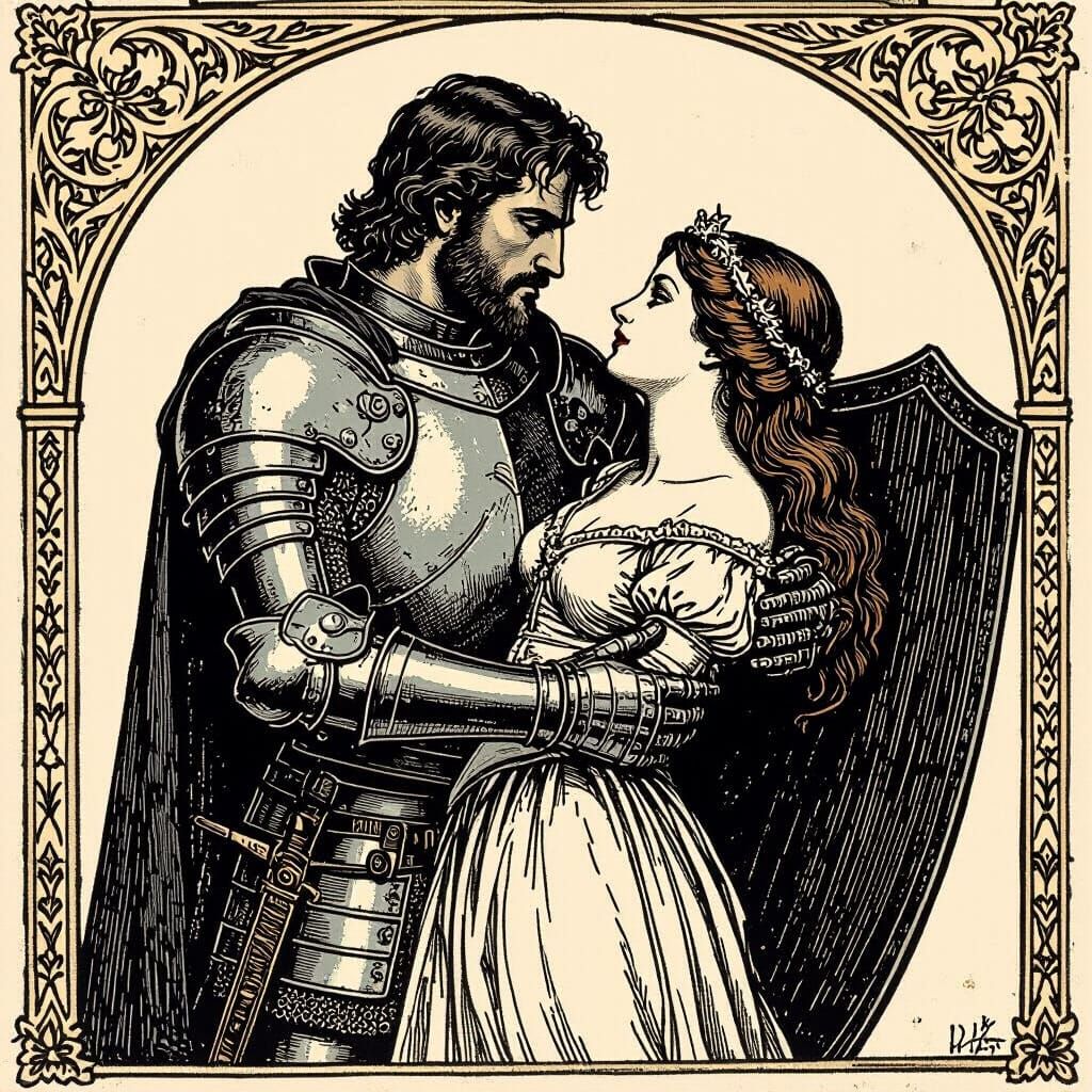 Knight Protecting Woman in Woodcut Style