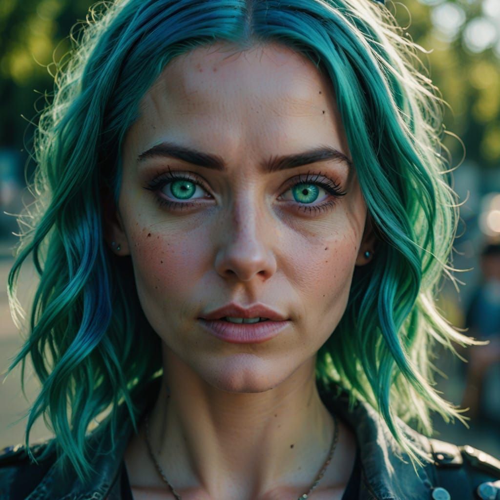 Portrait of a Woman with Radiant Green Locks and Piercing Bl...
