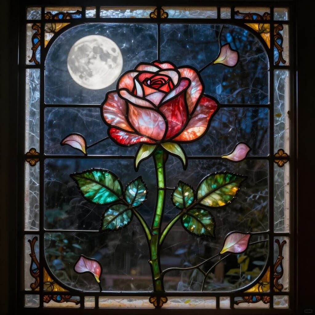 Luminous Stained Glass Rose in Antique Case Under Moonlight