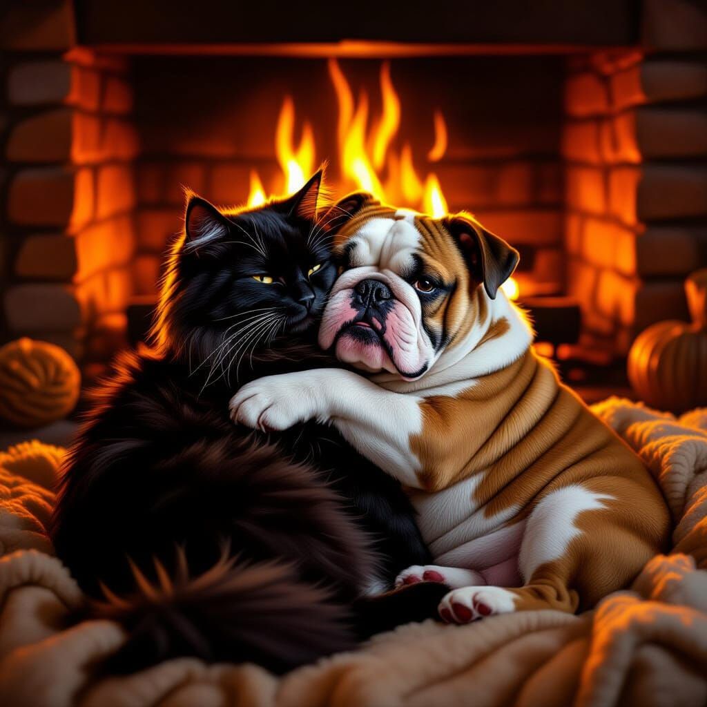 Fluffy Cat and Bulldog Cuddle by Fireplace
