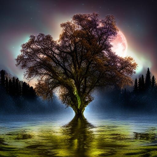 Aurora Borealis Reflecting on Lake Under Oak Tree