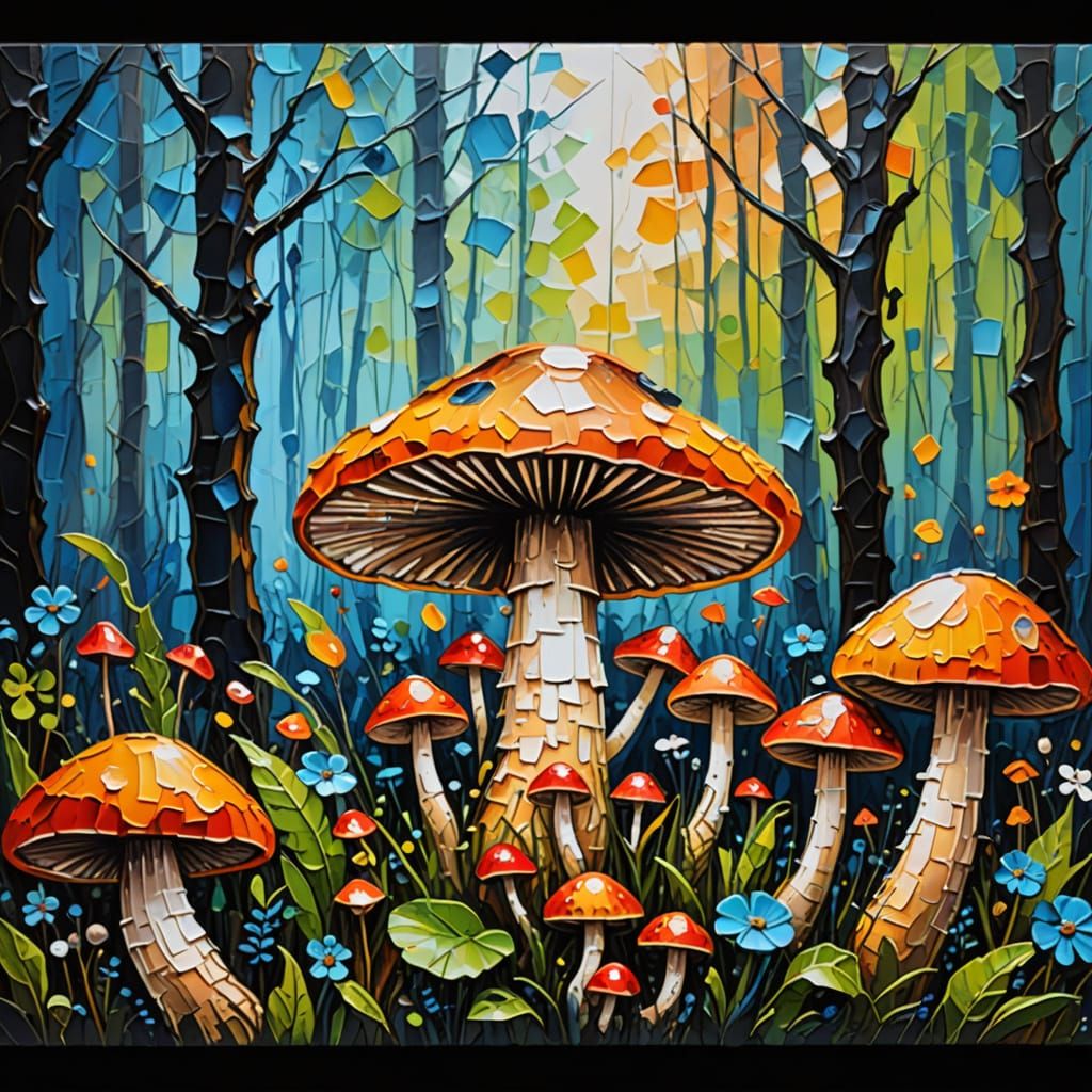 Vibrant Mushrooms in Expressive Impasto Style