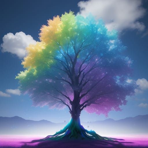 Whimsical Hyperrealistic Rainbow Tree in Ethereal Clouds