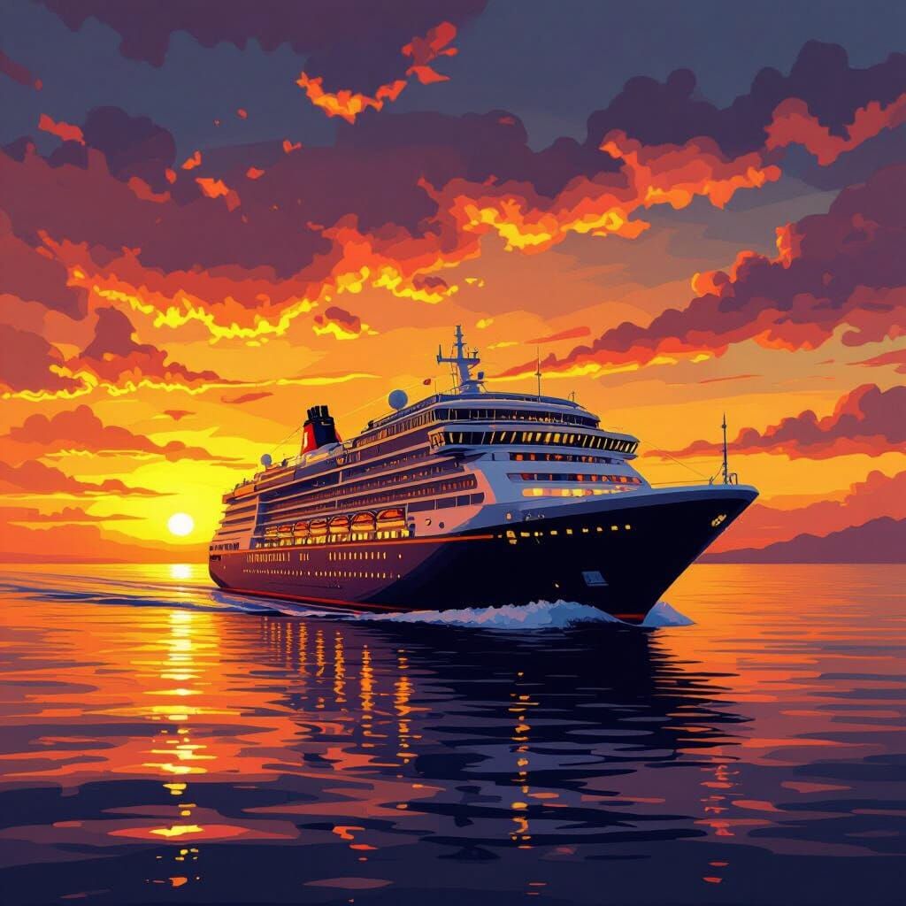 Cruise Ship at Sunset in Clipart Style