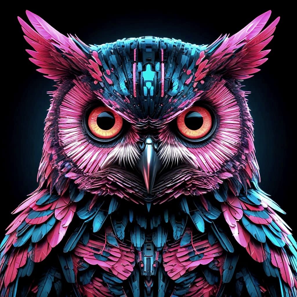 Cyberpunk Owl in Vibrant Trash Polka Style