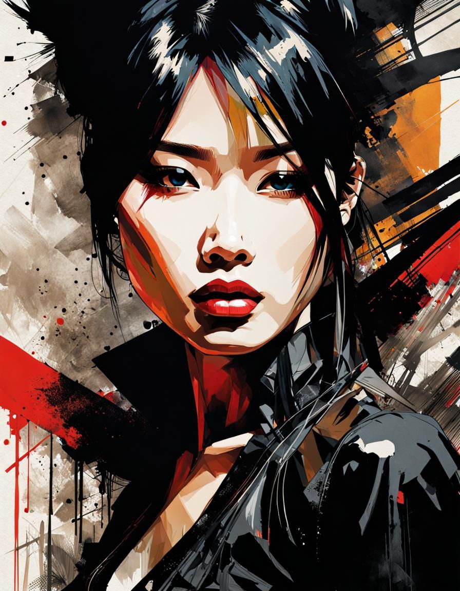 Sensual Asian Woman in Urbanpunk Neo-Expressionist Style