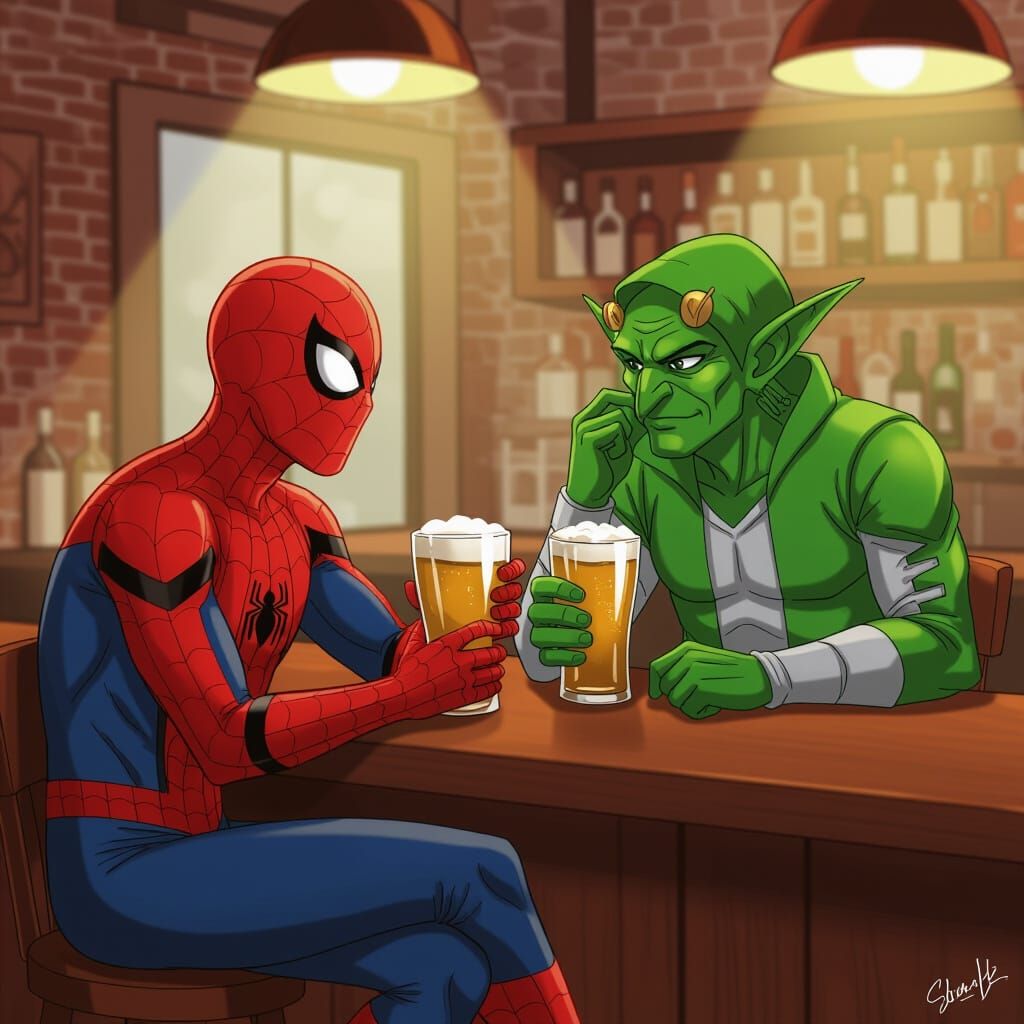 Spider-Man and Green Goblin Share Beer at Bar
