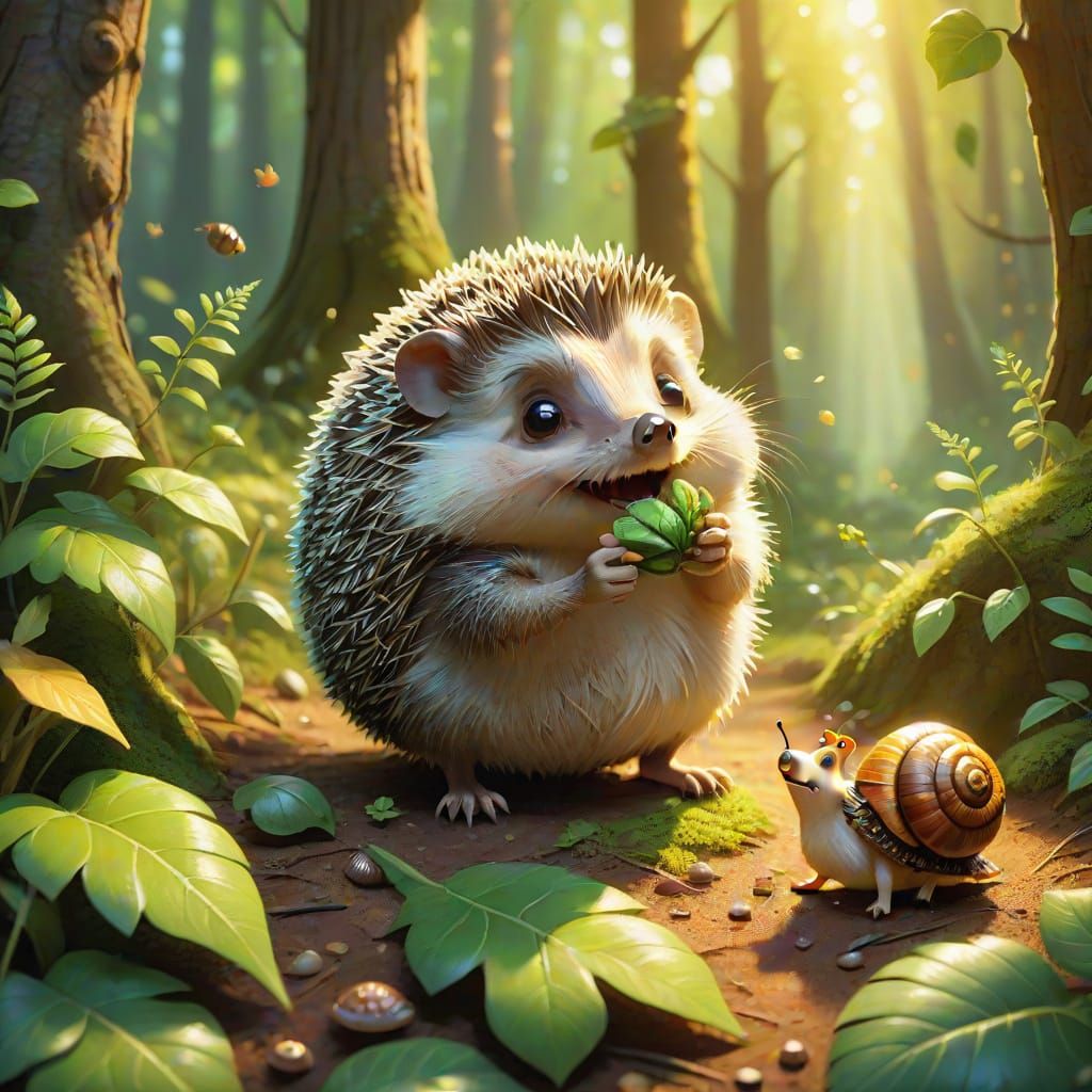 Hedgehog and Singing Snail in Forest, Pixar Style
