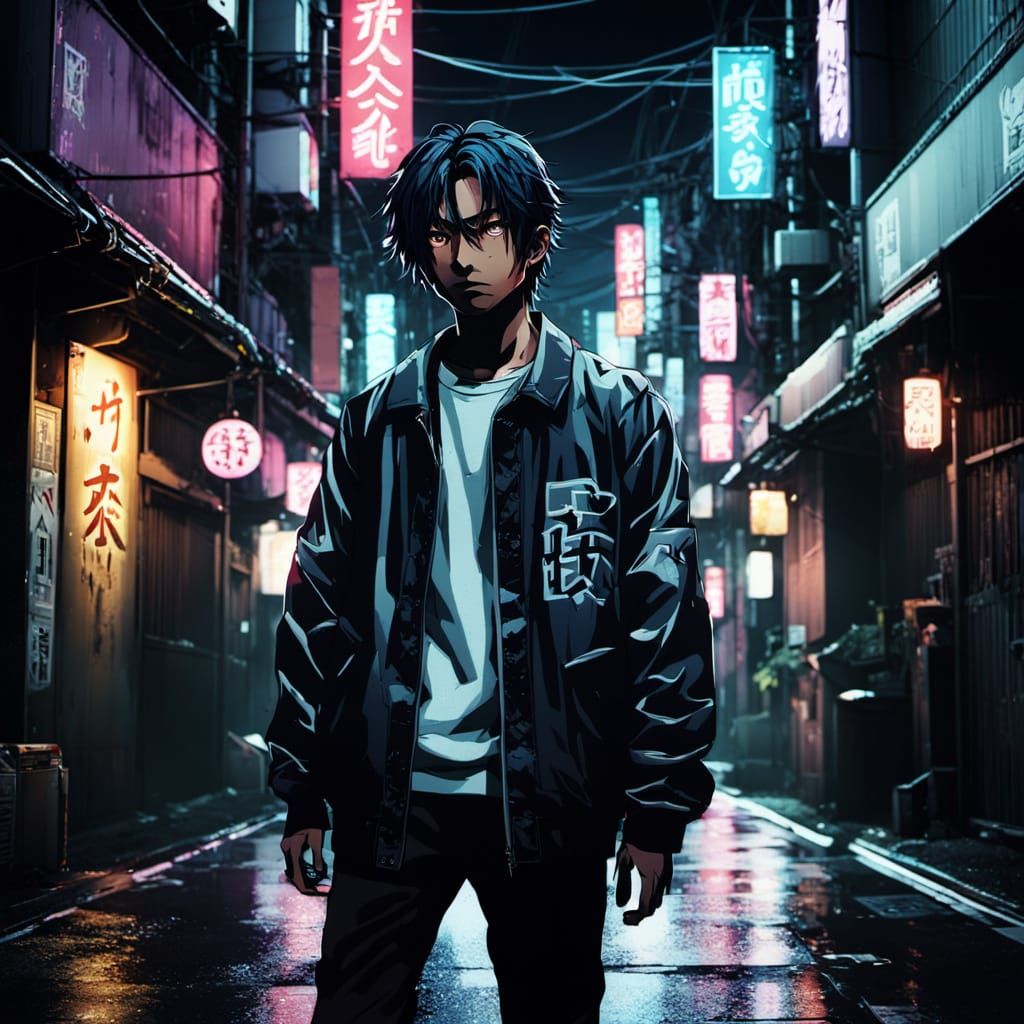 Takemichi in Moody, Neon-Lit Anime Style