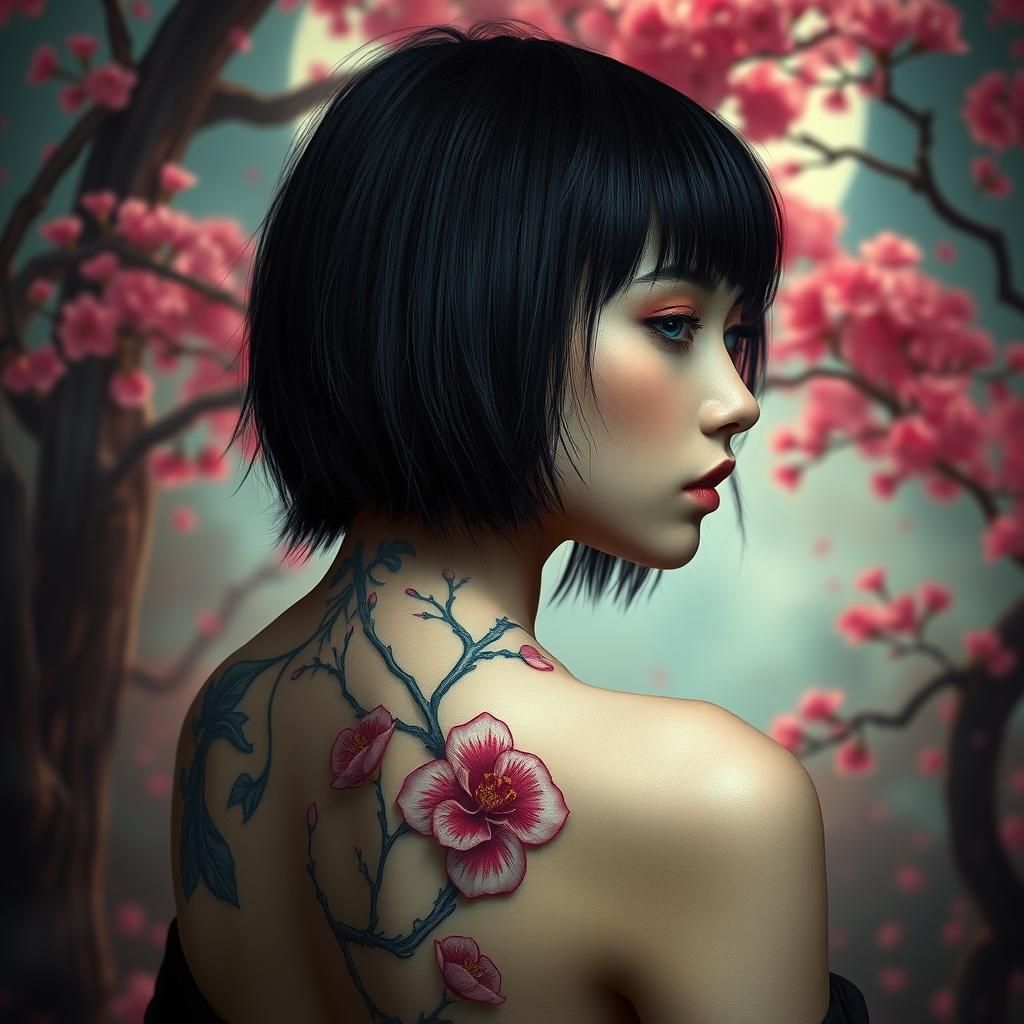 Goth Girl with Cherry Blossom Tattoo in Fantasy Style