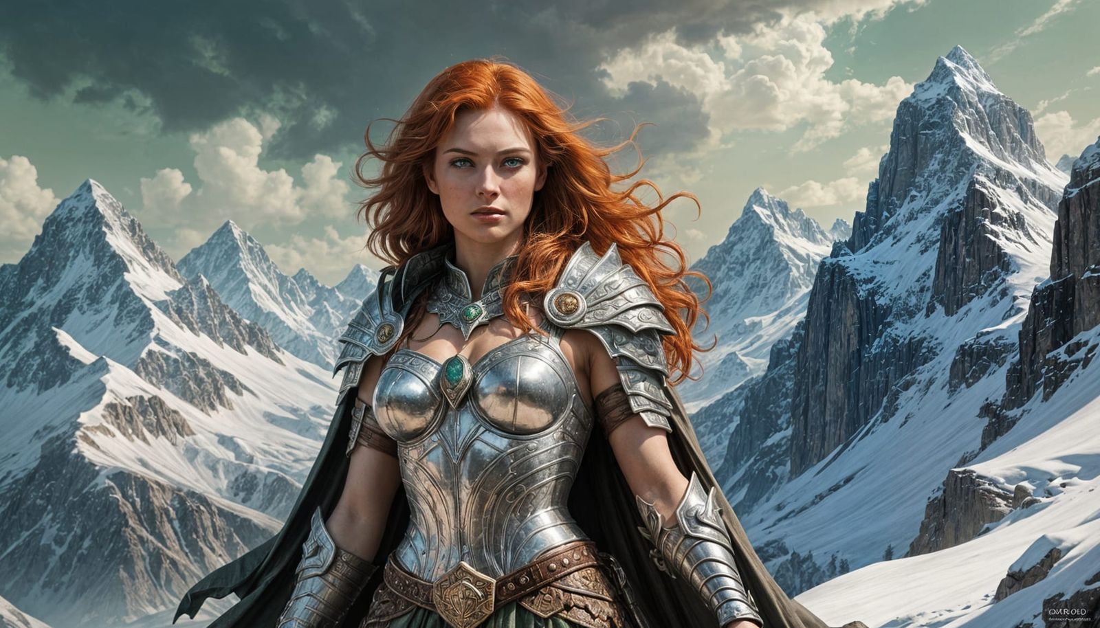 Valkyrie Warrior on Snow Mountain, in Fantasy Art Style