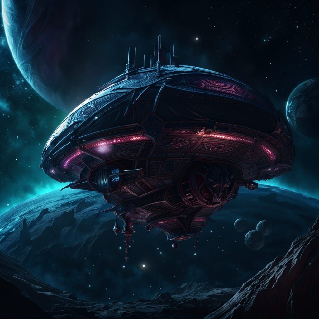 Vampire Starship Over Alien World in Dark Fantasy Style