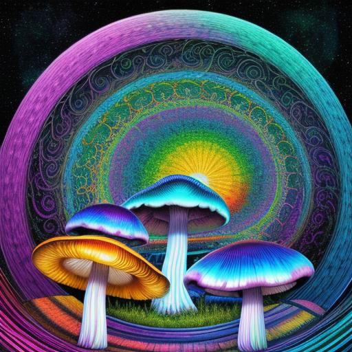 Iridescent mushrooms psychedelic parallax spiraling