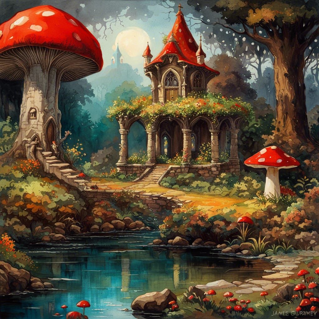 Fairytale Temple and Forest in Watercolor