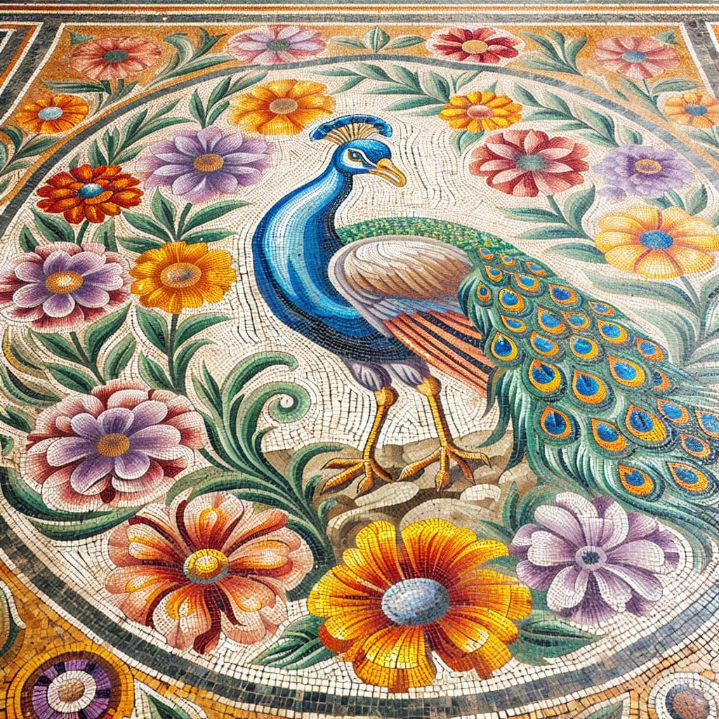 Ancient Roman Mosaic Peacock in Fanciful Floral Arrangement