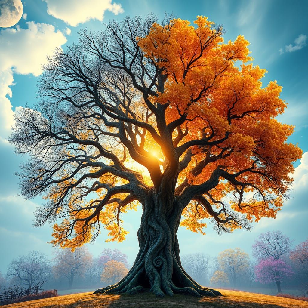 Majestic Tree in Whimsical Seasonal Wonderland